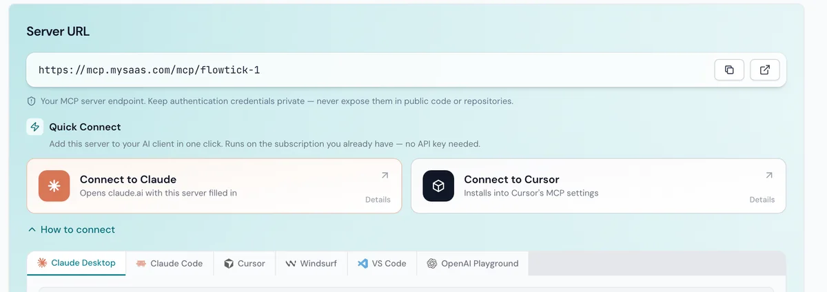 GetMCP's Quick Connect panel with Connect to Claude and Connect to Cursor buttons and per-client setup instructions