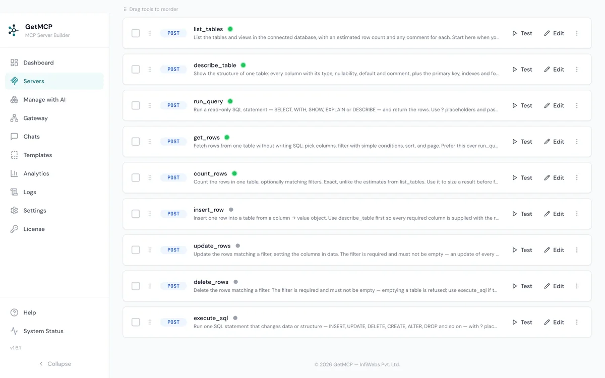 The Database server's tools in GetMCP