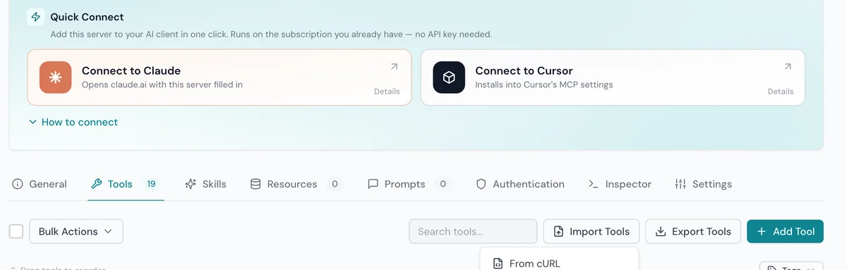 A GetMCP server's Tools tab with the Import Tools menu open on From cURL, beside Export Tools and Add Tool