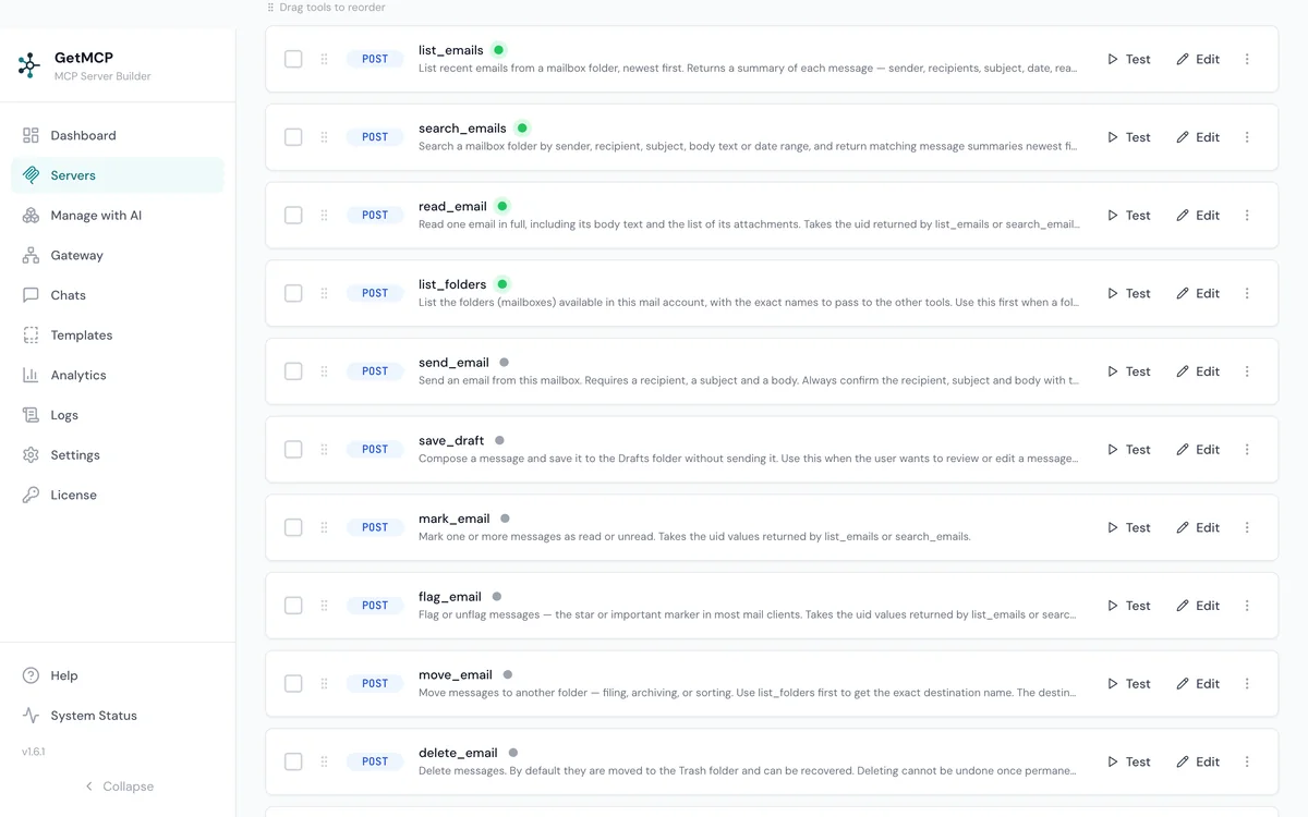 A GetMCP server created from the Mailbox template, listing the list_emails and search_emails tools with Quick Connect buttons for Claude and Cursor above them