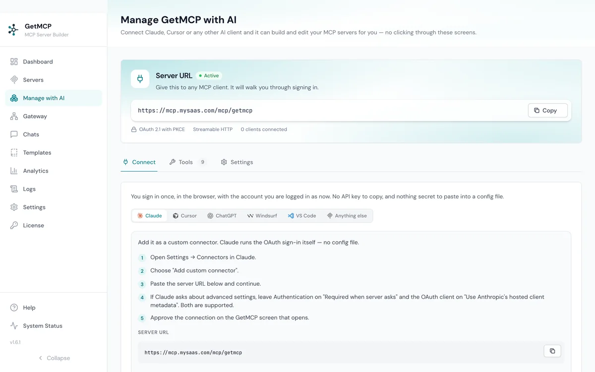 Claude creating a server and its tools in GetMCP from a chat