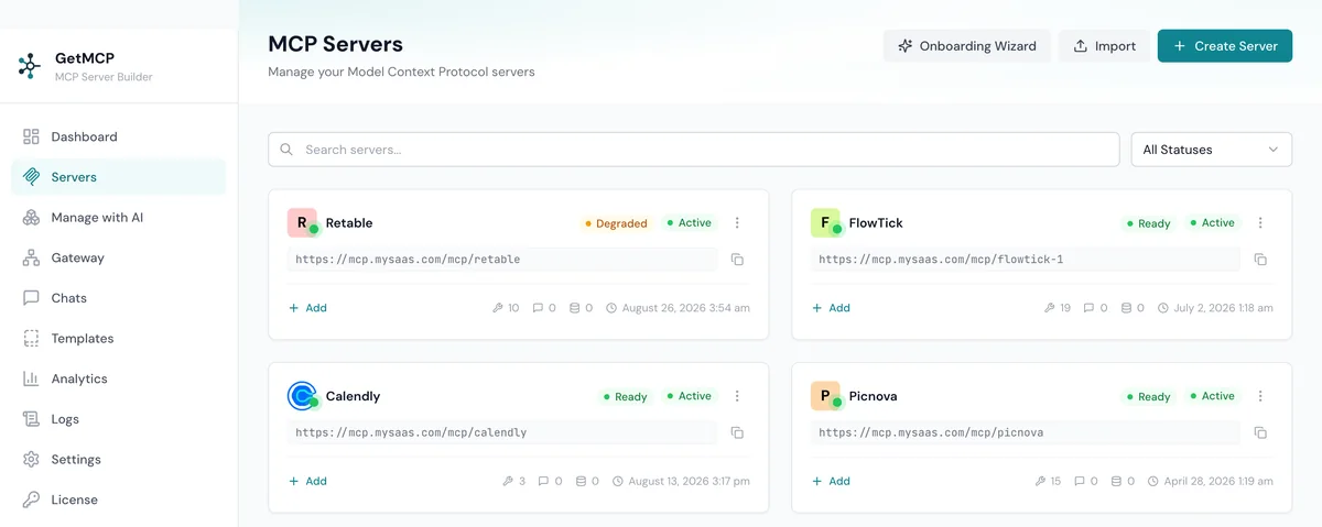 The GetMCP servers screen listing MCP servers with their endpoint URLs, tool counts and ready status