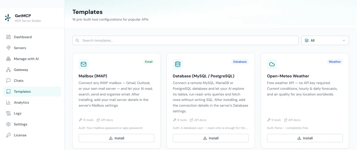 The GetMCP Templates screen with cards for Mailbox, Database, Open-Meteo, GitHub, Stripe and Slack, each with an Install button