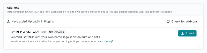 Settings → Add-ons listing GetMCP White Label 1.0.0 as not installed, with an Install button
