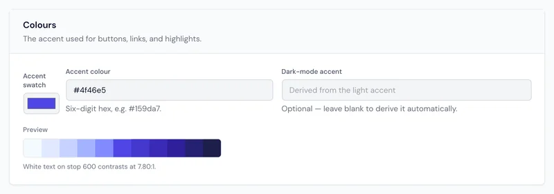 The Colours section with the accent #4f46e5, an optional dark-mode accent, an eleven-step palette preview and the line: white text on stop 600 contrasts at 7.80:1