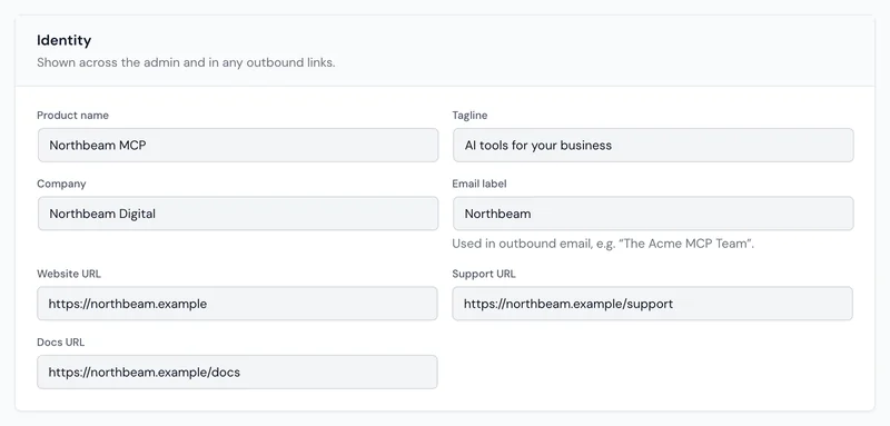 The Identity section of the Branding screen, filled in for an agency product called Northbeam MCP by Northbeam Digital, with its own website, support and docs links