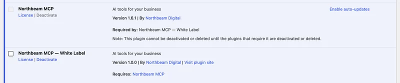 The WordPress Plugins screen listing Northbeam MCP and Northbeam MCP — White Label by Northbeam Digital, with no mention of GetMCP